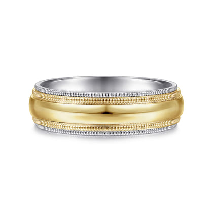 Damien - 14K White-Yellow Gold High Polish Men's Wedding Band with Milgrain Edge