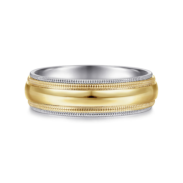 Damien - 14K White-Yellow Gold High Polish Men's Wedding Band with Milgrain Edge - Shot 1