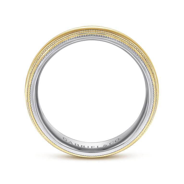Damien - 14K White-Yellow Gold High Polish Men's Wedding Band with Milgrain Edge - Shot 2