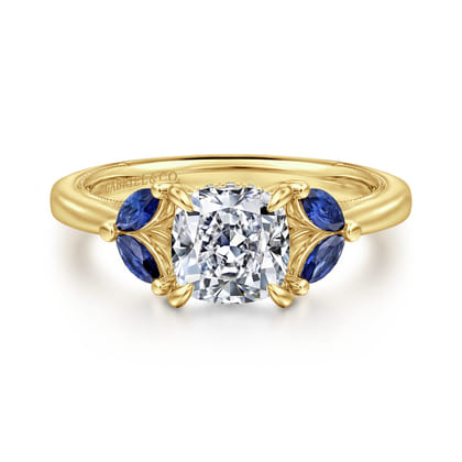 Dani - 14K Yellow Gold Cushion Cut Diamond and Sapphire Engagement Ring