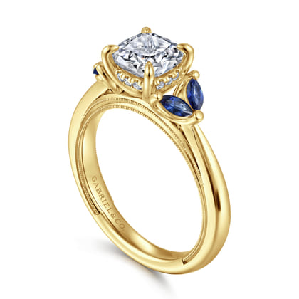 Dani - 14K Yellow Gold Cushion Cut Diamond and Sapphire Engagement Ring