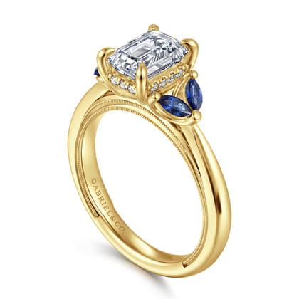 Dani - 14K Yellow Gold Emerald Cut Diamond and Sapphire Engagement Ring