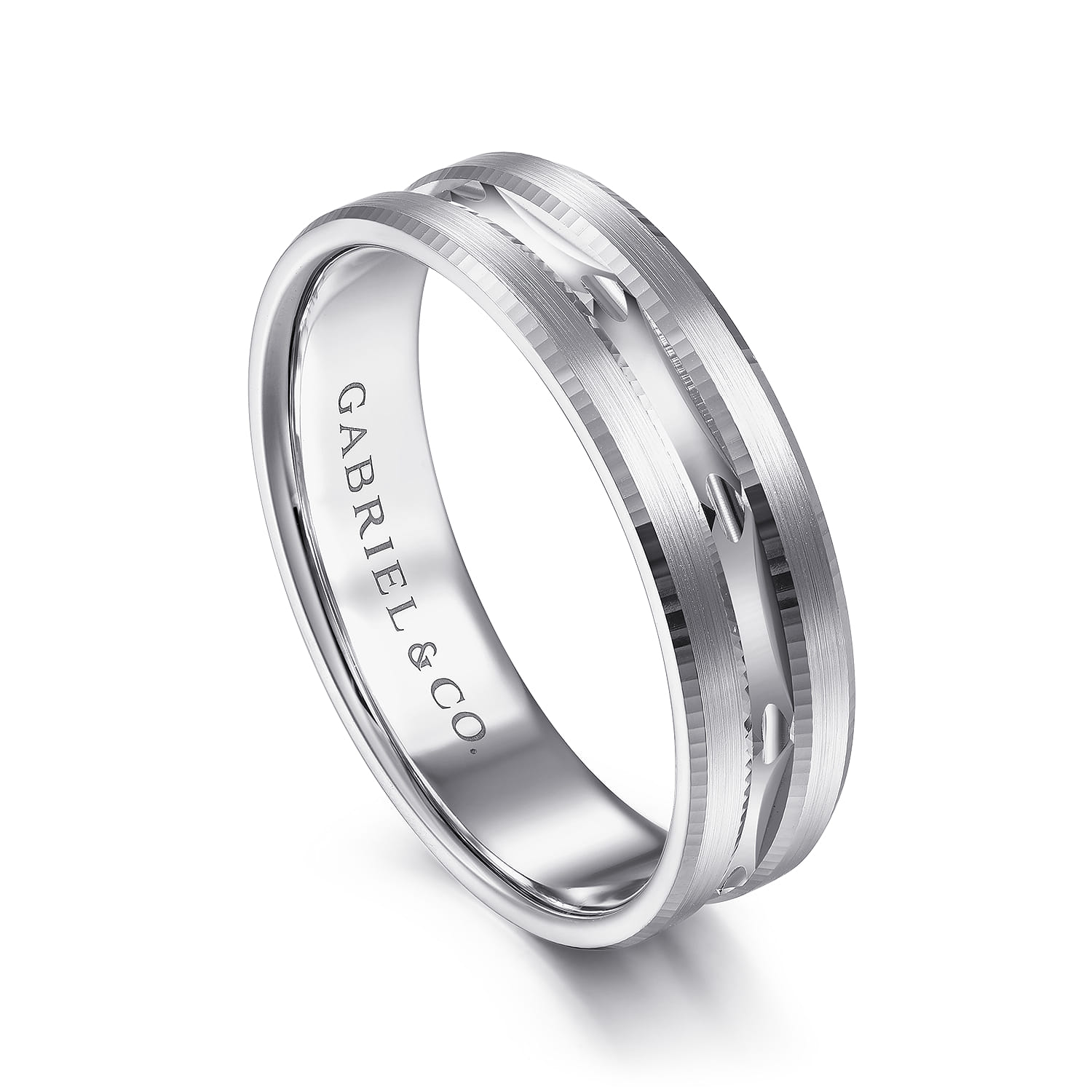 Daniel - 14K White Gold 6mm - Carved Men's Wedding Band in Satin Finish