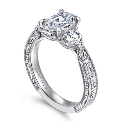 Dany - Vintage Inspired 14K White Gold Oval Three Stone Diamond Engagement Ring