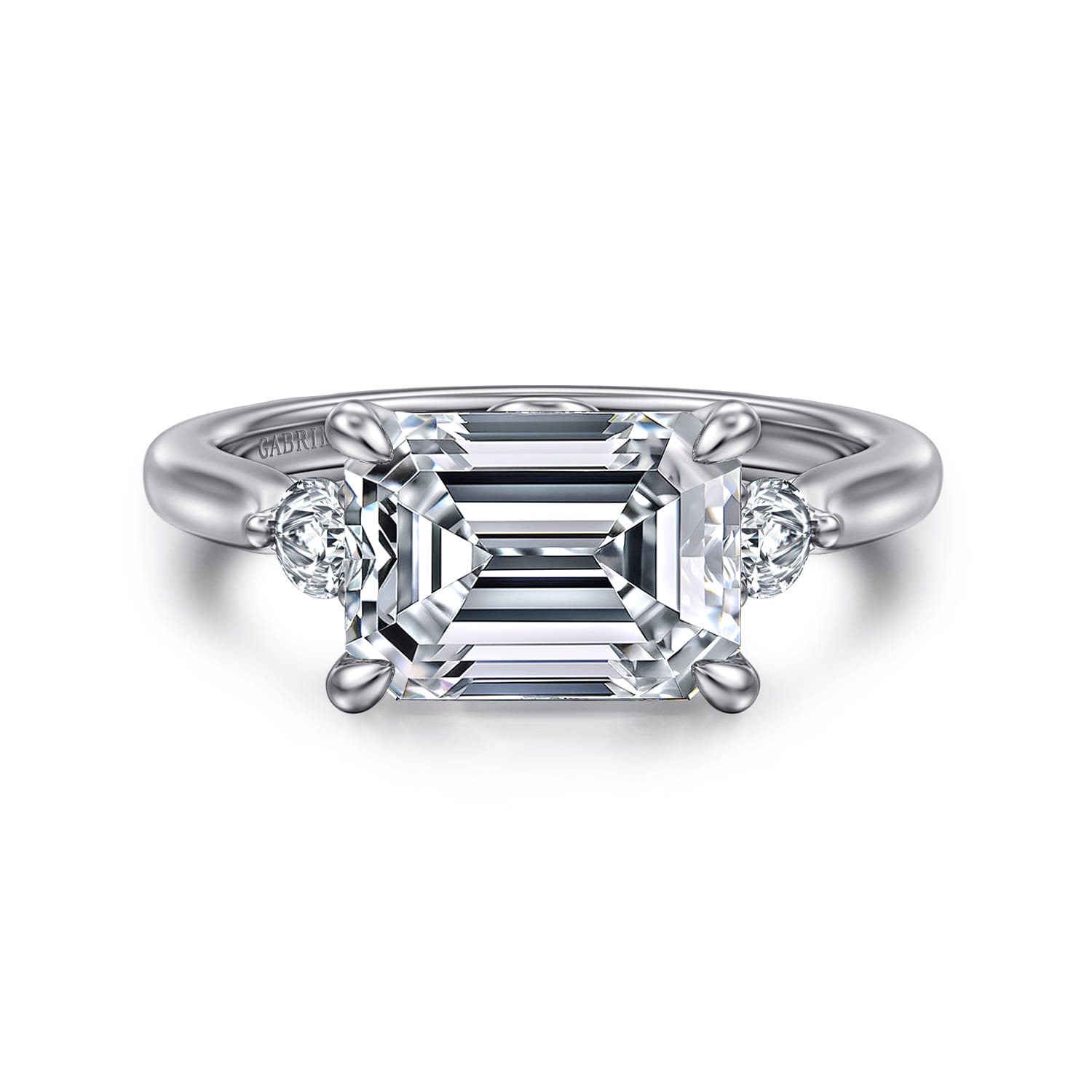 Darline - 14K White Gold Emerald Cut Three Stone Lotus Diamond Engagement Ring
