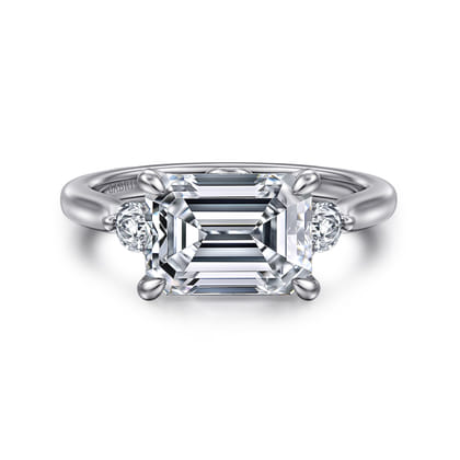 Darline - 14K White Gold Emerald Cut Three Stone Lotus Diamond Engagement Ring