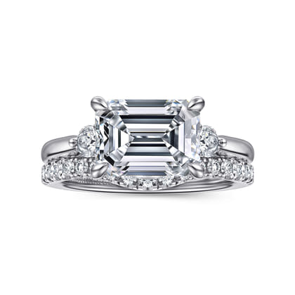 Darline - 14K White Gold Emerald Cut Three Stone Lotus Diamond Engagement Ring