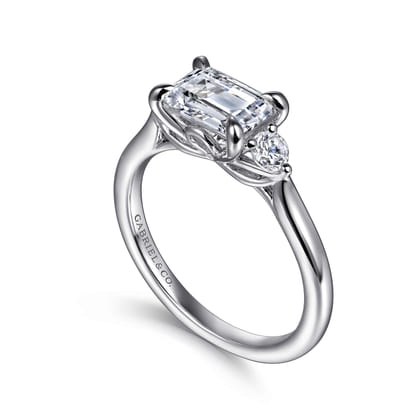 Darline - 14K White Gold Emerald Cut Three Stone Lotus Diamond Engagement Ring