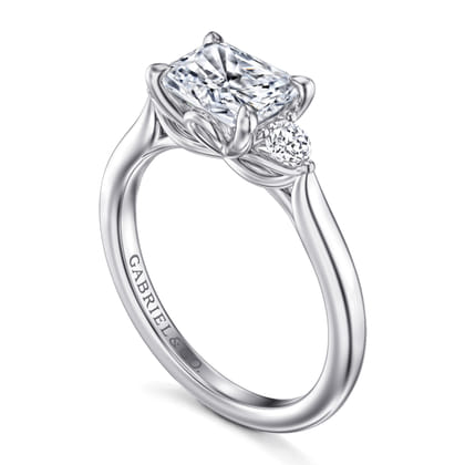 Darline - 14K White Gold Radiant Cut Three Stone Lotus Diamond Engagement Ring