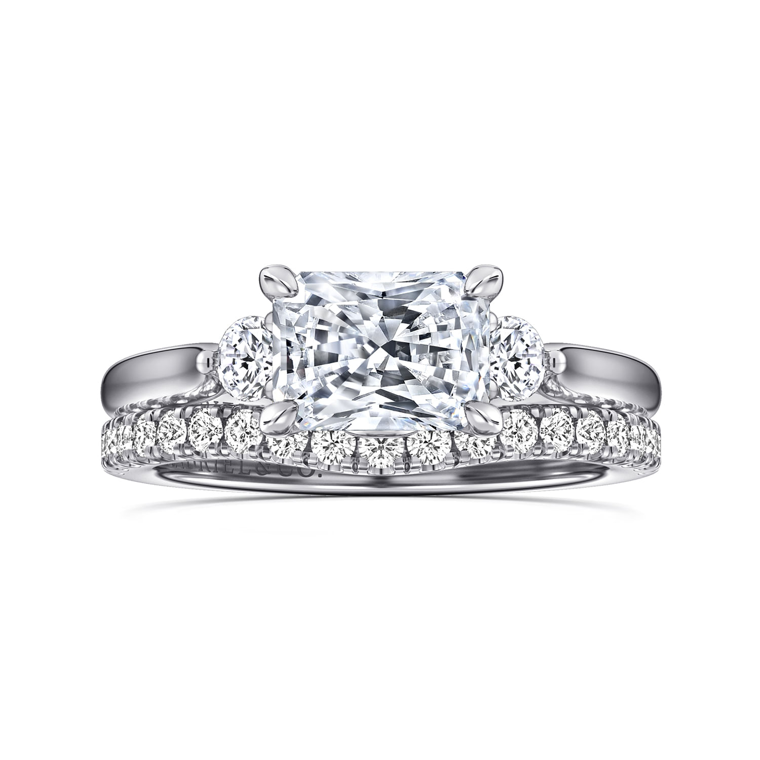 Darline - 14K White Gold Radiant Cut Three Stone Lotus Diamond Engagement Ring