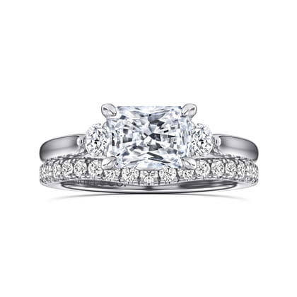 Darline - 14K White Gold Radiant Cut Three Stone Lotus Diamond Engagement Ring