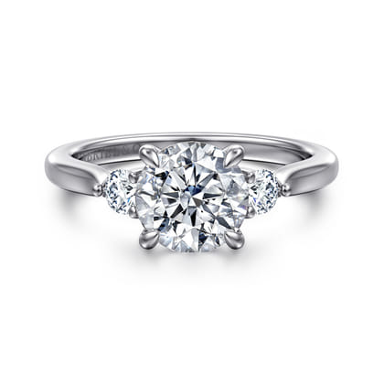 Darline - 14K White Gold Round Three Stone Lotus Diamond Engagement Ring