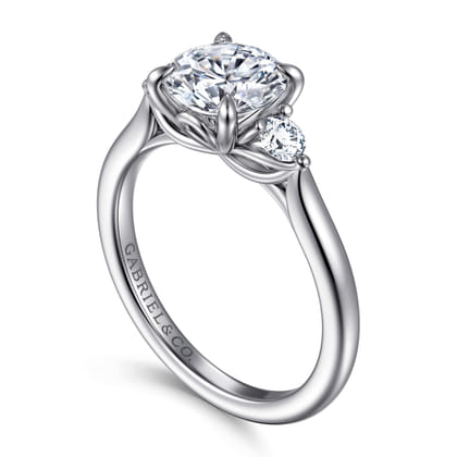 Darline - 14K White Gold Round Three Stone Lotus Diamond Engagement Ring