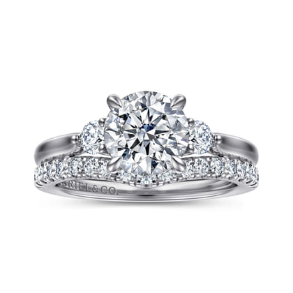 Darline - 14K White Gold Round Three Stone Lotus Diamond Engagement Ring