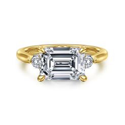 14K Yellow Gold Emerald Cut Three Stone Lotus Diamond Engagement Ring