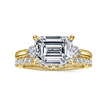 Darline - 14K Yellow Gold Emerald Cut Three Stone Lotus Diamond Engagement Ring
