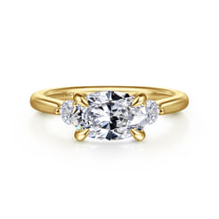 14K Yellow Gold Oval Three Stone Lotus Diamond Engagement Ring