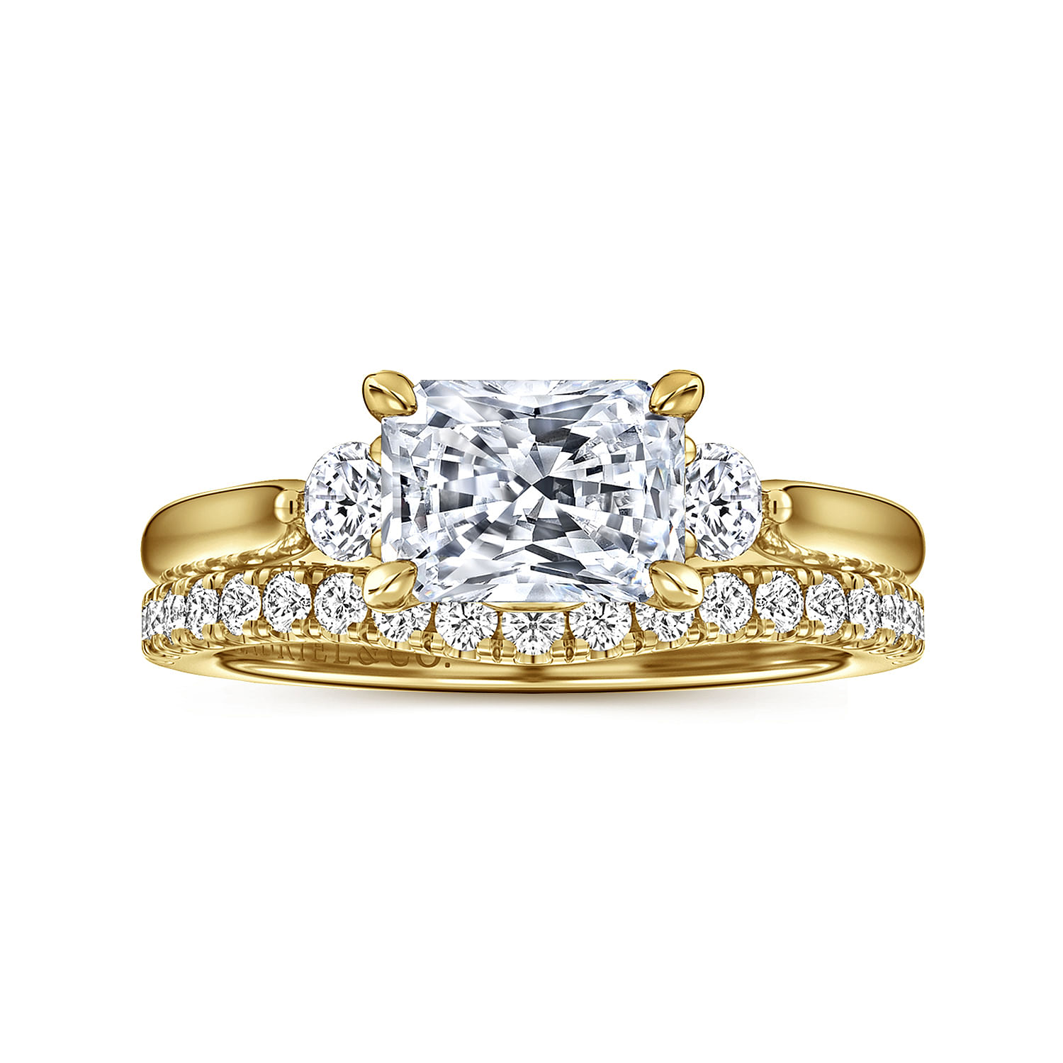 Darline - 14K Yellow Gold Radiant Cut Three Stone Lotus Diamond Engagement Ring