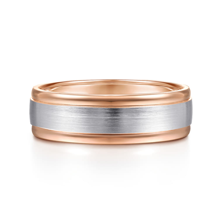 David - 14K White-Rose Gold 7mm - Two Tone Men's Wedding Band in Satin Finish - Shot 1