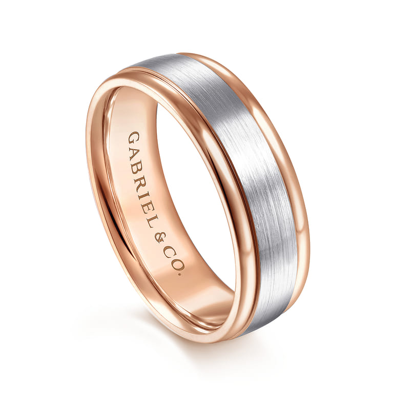 David - 14K White-Rose Gold 7mm - Two Tone Men's Wedding Band in Satin Finish - Shot 3