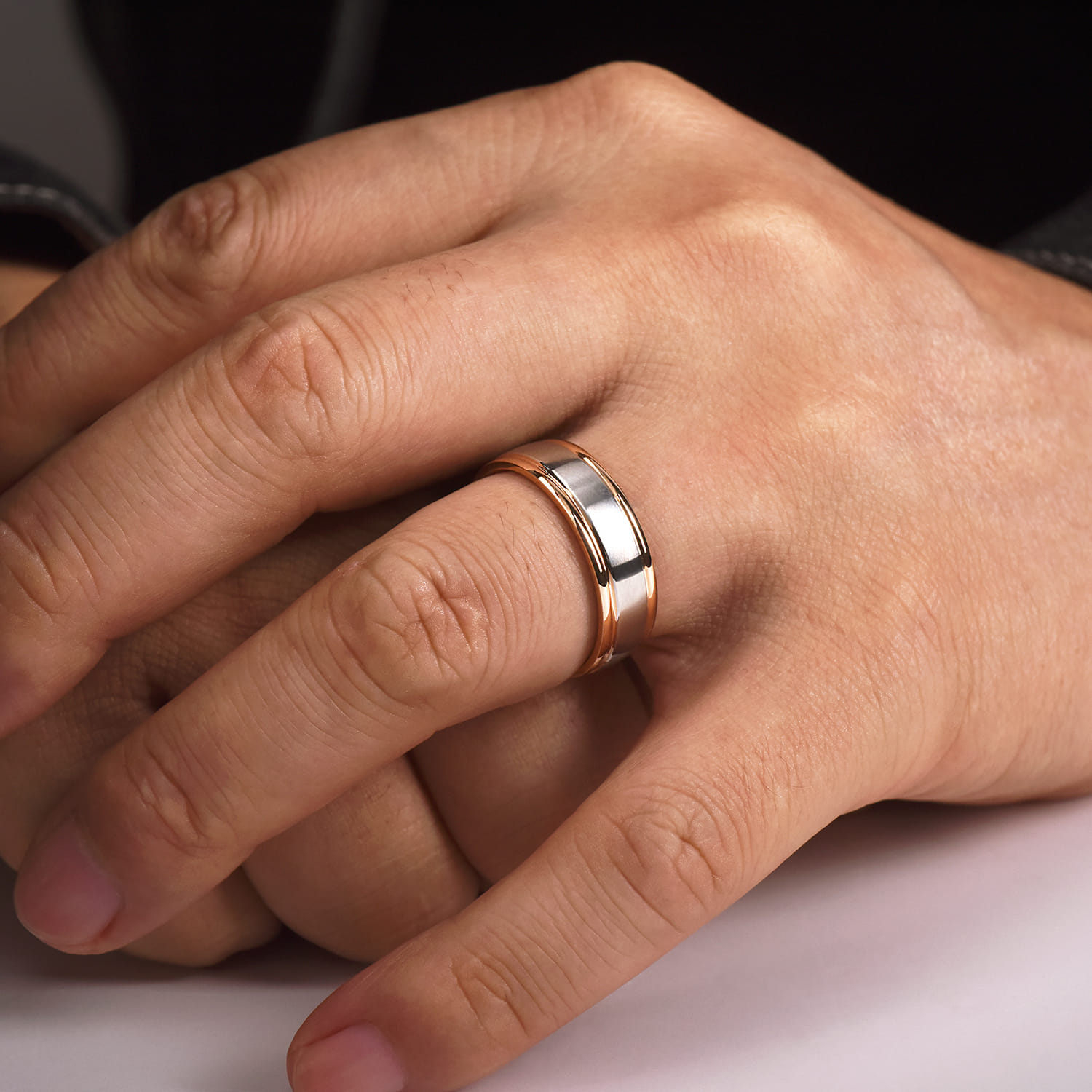 David - 14K White-Rose Gold 7mm - Two Tone Men's Wedding Band in Satin Finish