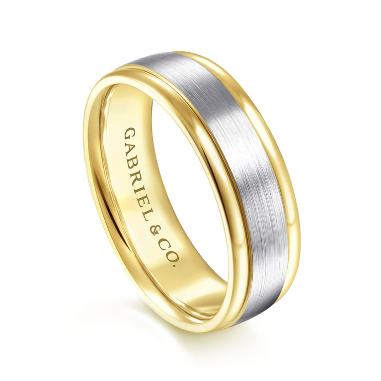 David - 14K White-Yellow Gold 7mm - Two Tone Men's Wedding Band in Satin Finish - Shot 3