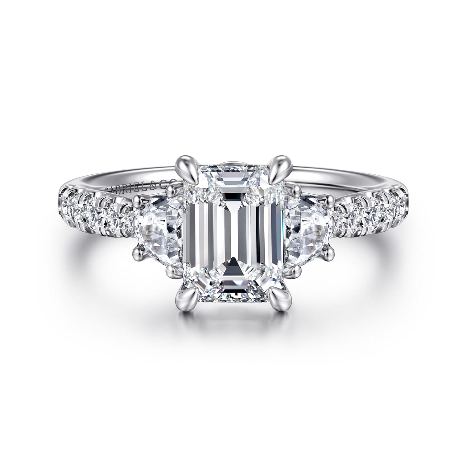 Dee - 14K White Gold Emerald Cut Three Stone Lotus Diamond Engagement Ring