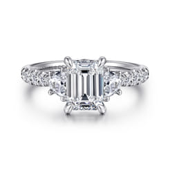 Dee - 14K White Gold Emerald Cut Three Stone Lotus Diamond Engagement Ring