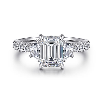Dee - 14K White Gold Emerald Cut Three Stone Lotus Diamond Engagement Ring