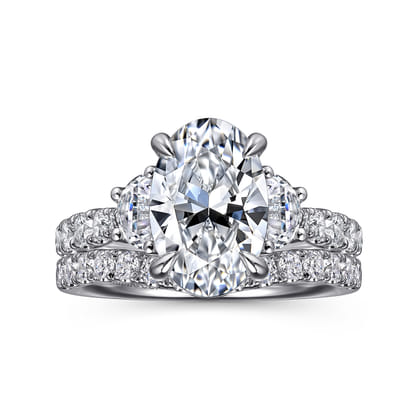 Dee - 14K White Gold Oval Three Stone Lotus Diamond Engagement Ring