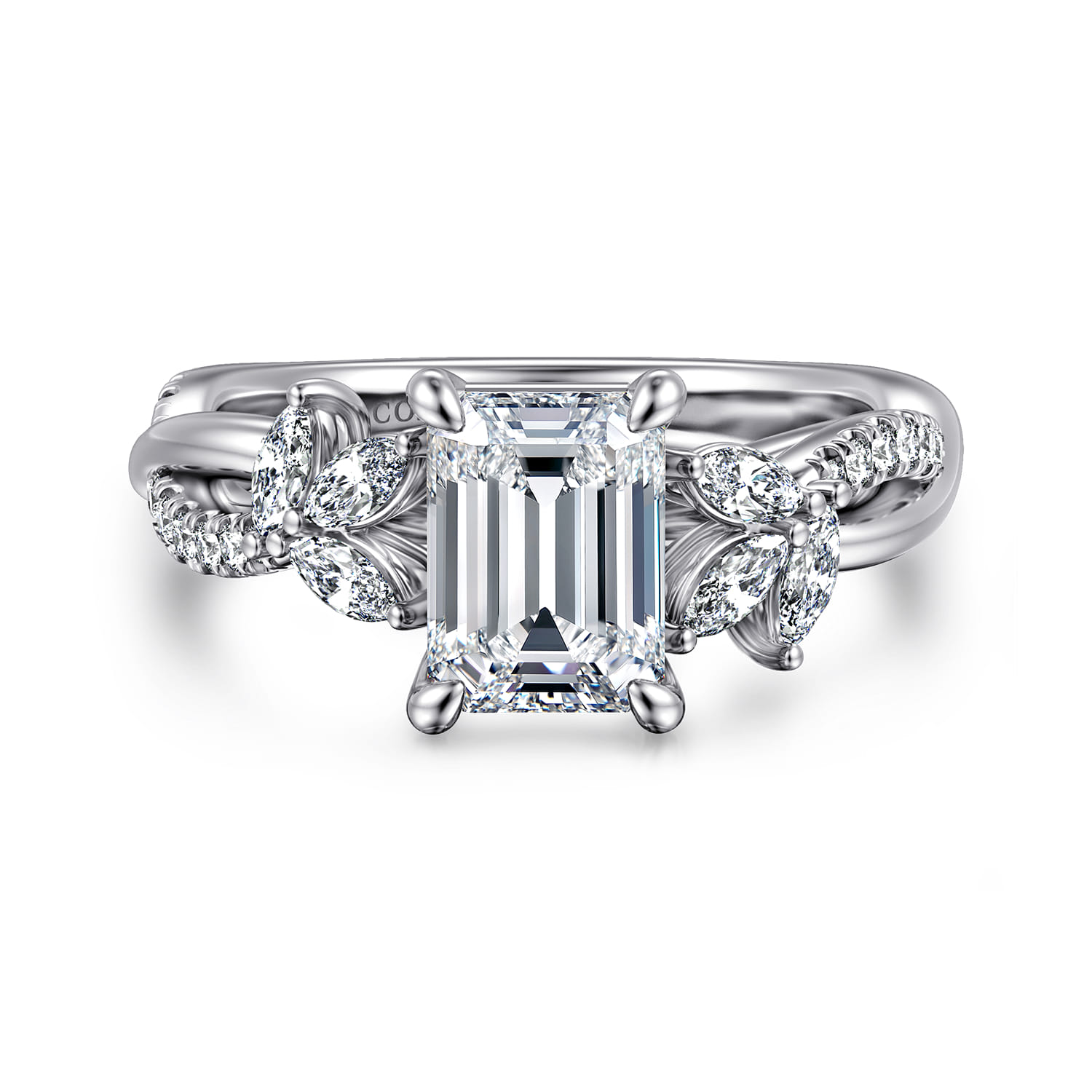 Deisha - 14K White Gold Twisted Emerald Cut Diamond Engagement Ring