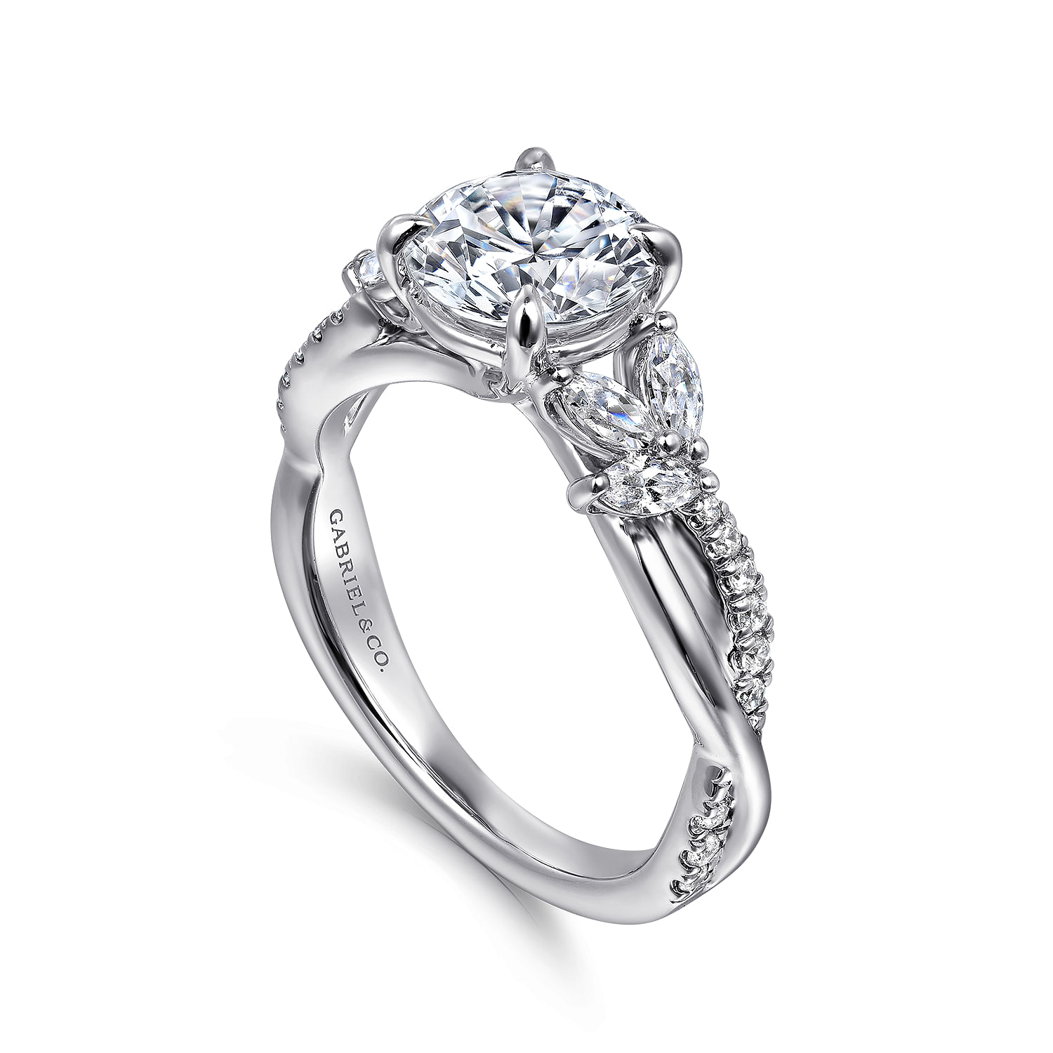 Deisha - 14K White Gold Twisted Round Diamond Engagement Ring