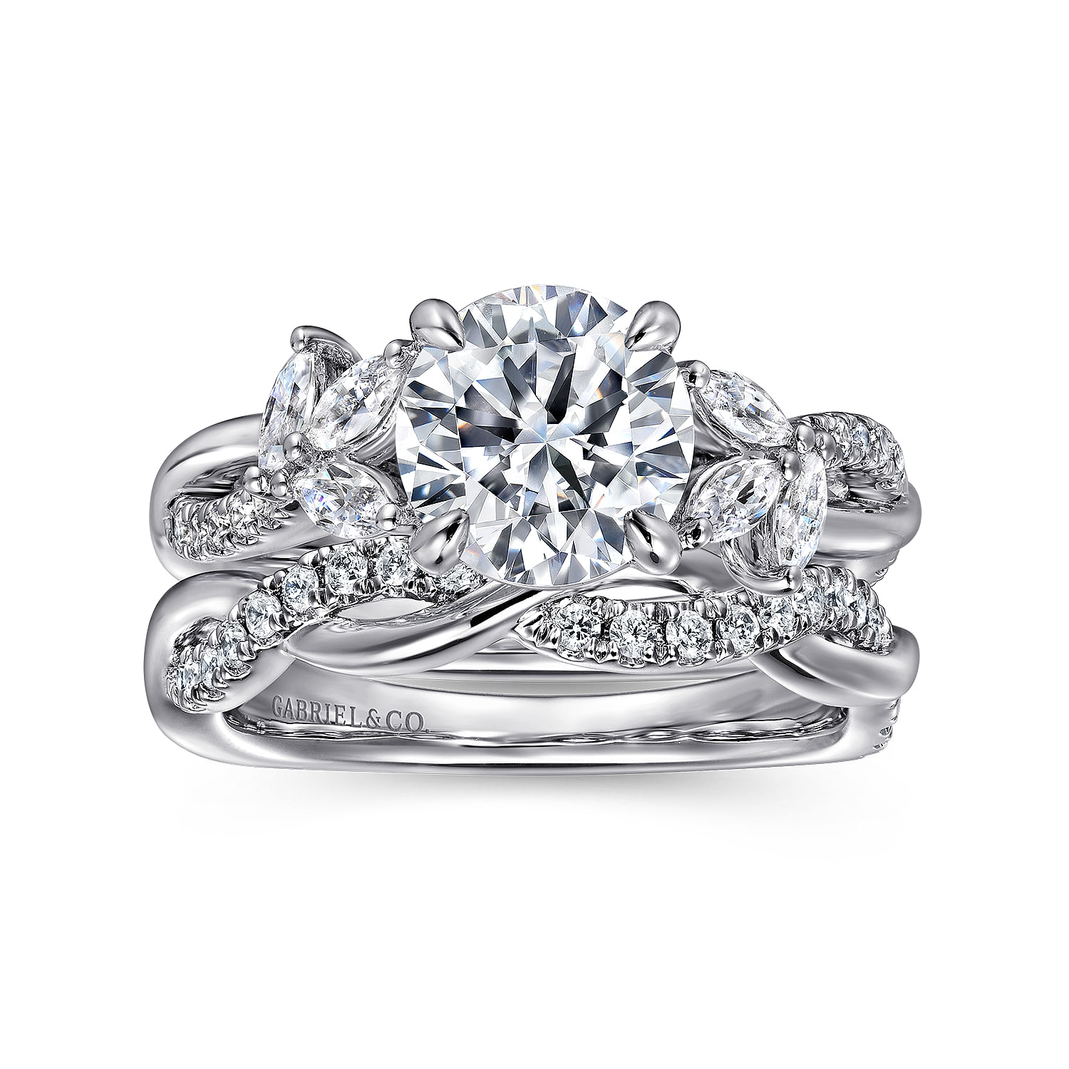 Deisha - 14K White Gold Twisted Round Diamond Engagement Ring