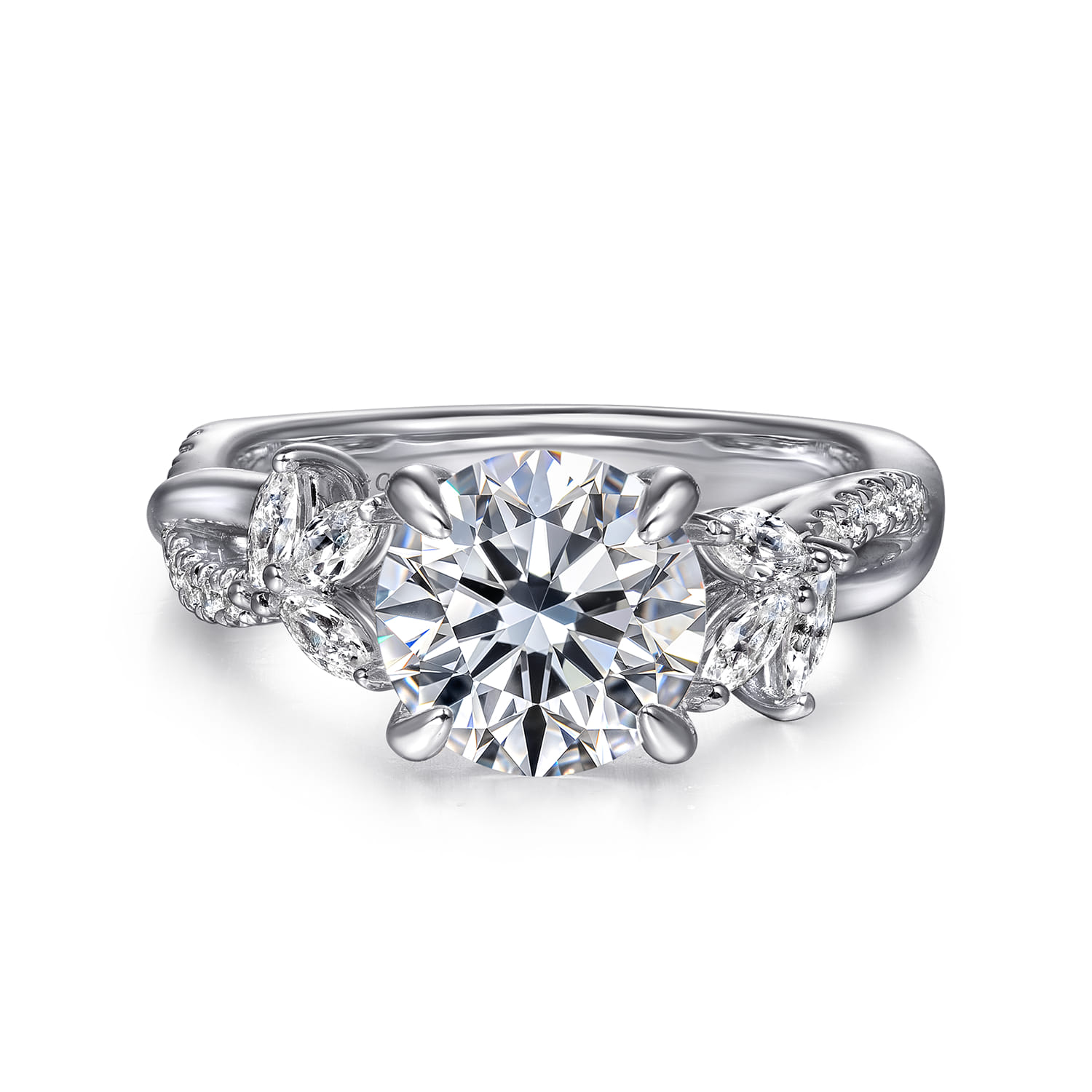 Deisha - 14K White Gold Twisted Round Diamond Engagement Ring