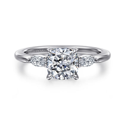 Dela - 14K White Gold Cushion Cut Three Stone Diamond Engagement Ring
