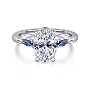 Dela - 14K White Gold Round Three Stone Diamond and Sapphire Engagement Ring