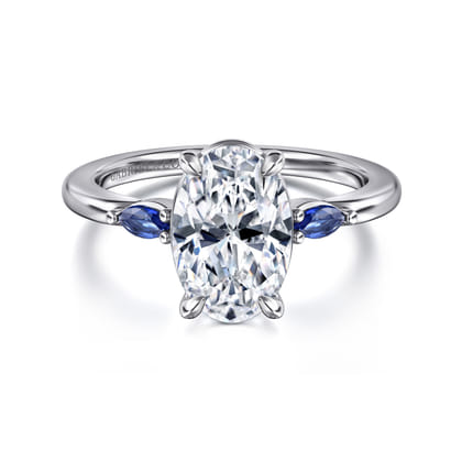 Dela - 14K White Gold Round Three Stone Diamond and Sapphire Engagement Ring
