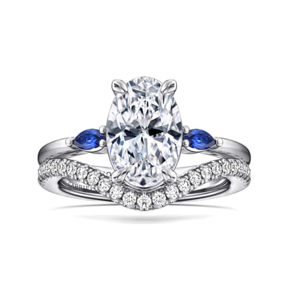 Dela - 14K White Gold Round Three Stone Diamond and Sapphire Engagement Ring