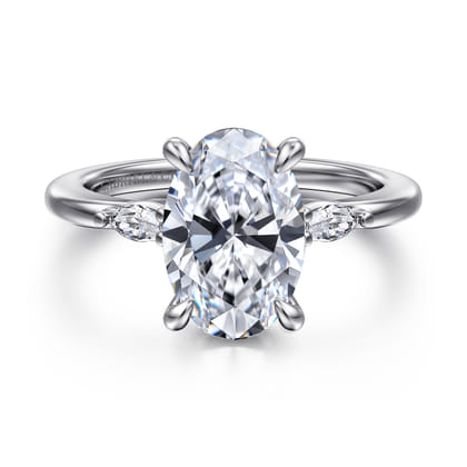 Dela - 14K White Gold Three Stone Oval Diamond Engagement Ring