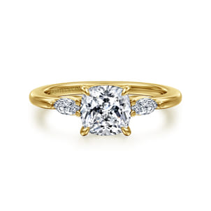 Dela - 14K Yellow Gold Cushion Cut Three Stone Diamond Engagement Ring