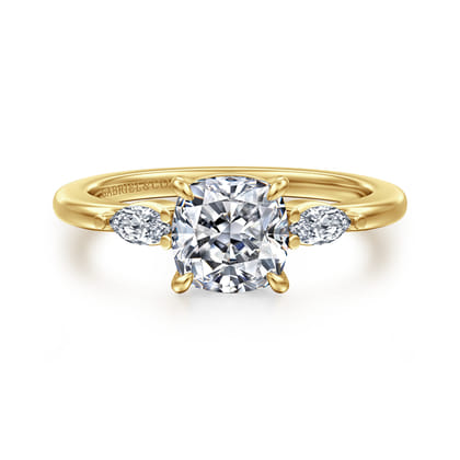 Dela - 14K Yellow Gold Cushion Cut Three Stone Diamond Engagement Ring