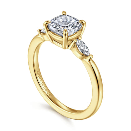 Dela - 14K Yellow Gold Cushion Cut Three Stone Diamond Engagement Ring