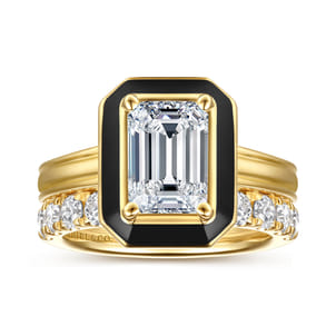 Delfina - 14K Yellow Gold Black Enamel Emerald Cut Solitaire Diamond Engagement Ring