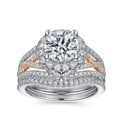 Delicacy - 14K White-Rose Gold Round Halo Diamond Engagement Ring - 1.05 ct - Shot 4