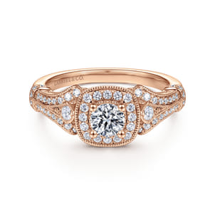 Delilah - Vintage Inspired 14K Rose Gold Cushion Halo Round Complete Diamond Engagement Ring