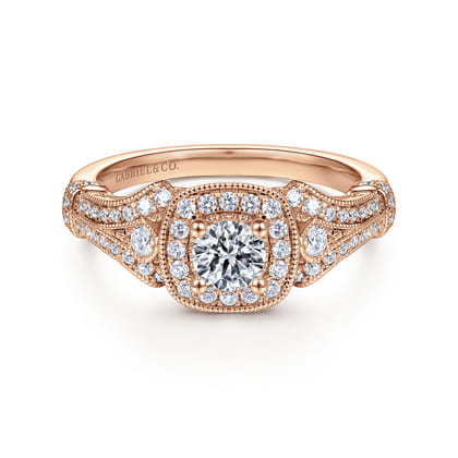 Delilah - Vintage Inspired 14K Rose Gold Cushion Halo Round Complete Diamond Engagement Ring