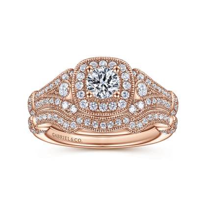 Delilah - Vintage Inspired 14K Rose Gold Cushion Halo Round Complete Diamond Engagement Ring