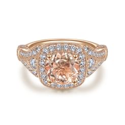 Vintage Inspired 14K Rose Gold Round Halo Morganite and Diamond Engagement Ring