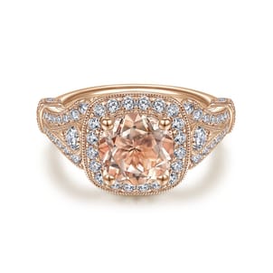 Delilah - Vintage Inspired 14K Rose Gold Round Halo Morganite and Diamond Engagement Ring