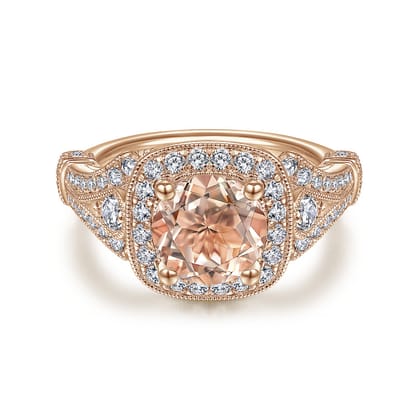 Delilah - Vintage Inspired 14K Rose Gold Round Halo Morganite and Diamond Engagement Ring